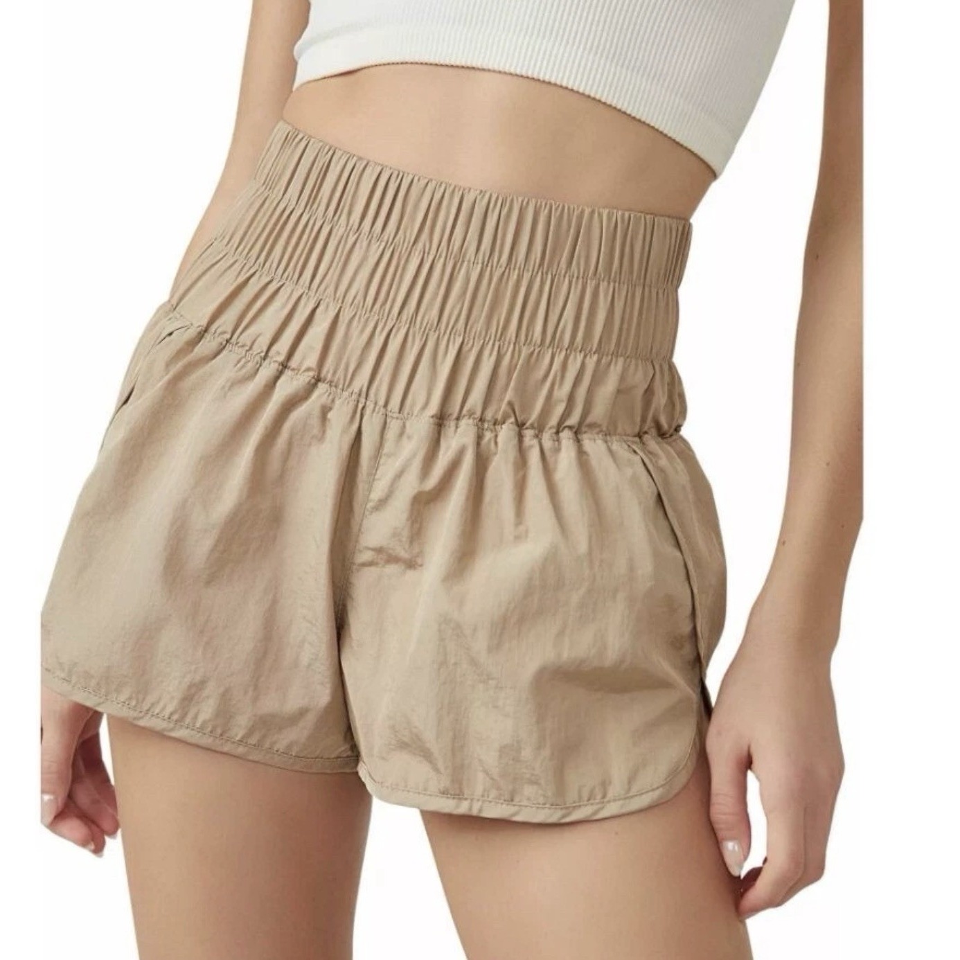 Fp Movement Womens L Smocked Waist Shorts Tan Flowy Summer Boho Gym Athletic